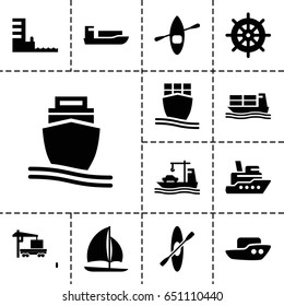 Boat icon. set of 13 filled boaticons such as boat, helm, cargo truck, cargo ship, harbor, sailboat, rowing, rowing boat