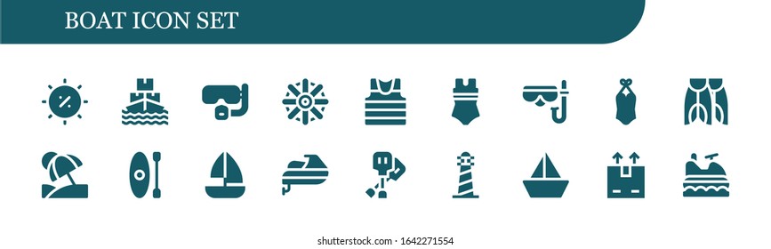 boat icon set. 18 filled boat icons. Included Summer, Ship, Dive, Helm, Sailor, Swimsuit, Diving mask, Flippers, Vacation, Kayak, Sailboat, Jet ski, Paddles, Lighthouse icons