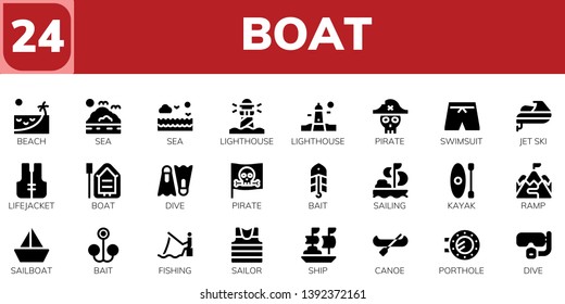 boat icon set. 24 filled boat icons.  Simple modern icons about  - Beach, Sea, Lighthouse, Pirate, Swimsuit, Jet ski, Lifejacket, Boat, Dive, Bait, Sailing, Kayak, Ramp, Sailboat