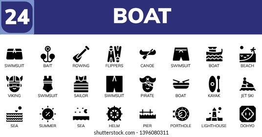 boat icon set. 24 filled boat icons.  Simple modern icons about  - Swimsuit, Bait, Rowing, Flippers, Canoe, Boat, Beach, Viking, Sailor, Pirate, Kayak, Jet ski, Sea, Summer, Helm