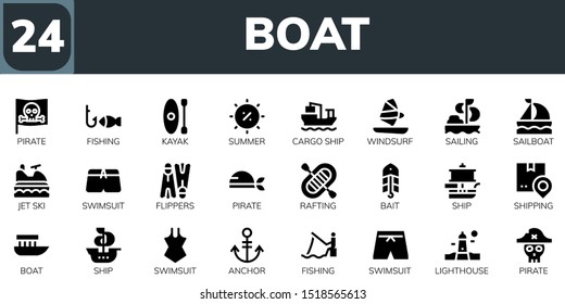 boat icon set. 24 filled boat icons.  Simple modern icons about  - Pirate, Fishing, Kayak, Summer, Cargo ship, Windsurf, Sailing, Sailboat, Jet ski, Swimsuit, Flippers, Rafting