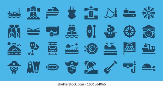 boat icon set. 32 filled boat icons. Included Ship, Flippers, Sea, Pirate, Lighthouse, Boat, Paddles, Dive, Jet ski, Subway, Diving mask, Swimsuit, Cargo ship, Kayak, Porthole icons