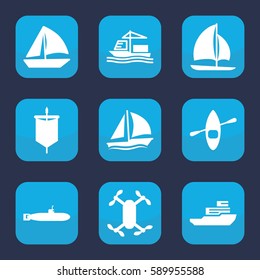 boat icon. Set of 9 boat filled icons such as sailboat, cargo ship, sail, submarine
