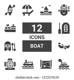 boat icon set. Collection of 12 filled boat icons included Cruise, Treasure map, Ship, Aqualung, Boat, Raft, Beach, Pirate, Cargo ship, Kayak, Sea