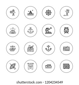 Boat icon set. collection of 16 outline boat icons with anchor, beach, boat, bus, canoe, canoeing, galleon, helm, pirates, pirate, sea, ship, subway icons.