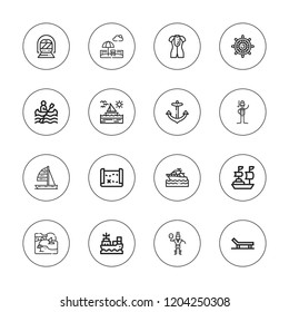 Boat icon set. collection of 16 outline boat icons with anchor, beach, boat, canoe, diver, helm, metro, pirates, ship, sailboat, treasure map, yatch icons.