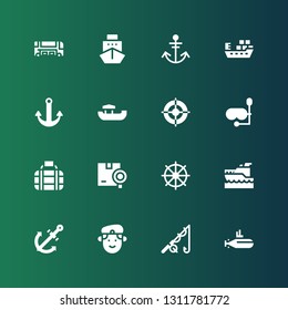 boat icon set. Collection of 16 filled boat icons included Submarine, Fishing, Militar, Anchor, Yatch, Helm, Shipping, Transport, Diving mask, Boat, Ship, Bus