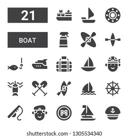 boat icon set. Collection of 21 filled boat icons included Sailor, Sailboat, Metro, Militar, Fishing rod, Helm, Sail boat, Kayak, Oar, Fishing, Pirate, Transport, Yacht