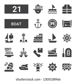 boat icon set. Collection of 21 filled boat icons included Bus, Helm, Fishing, Yacht, Ship, Raft, Yatch, Shipping, Thailand, Padthai, Sailing boat, Anchor, Treasure map