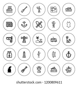Boat icon set. collection of 25 outline boat icons with anchor, beach, bus, captain, diving mask, lifejacket, kayak, lighthouse, pirates, pirate, rowing icons. editable icons.