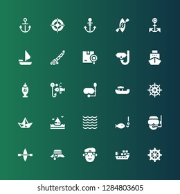 boat icon set. Collection of 25 filled boat icons included Helm, Ship, Militar, Fisherman, Kayak, Diver, Fishing, Sea, Paper boat, Boat, Diving mask, Dive, Shipping, Fishing rod