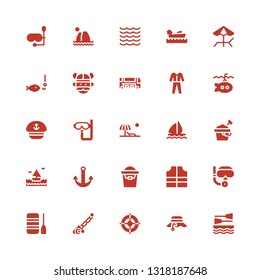 boat icon set. Collection of 25 filled boat icons included Boat, Fisherman, Helm, Fishing rod, Scuba diving, Lifejacket, Sand bucket, Anchor, Sea, Sail Beach, Dive, Sailor