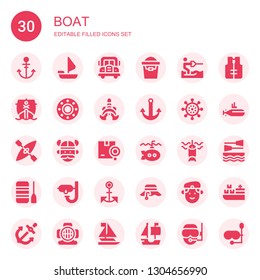 boat icon set. Collection of 30 filled boat icons included Anchor, Sailing boat, Bus, Sand bucket, Water ski, Ship, Transport, Thailand, Helm, Kayak, Viking, Shipping, Submarine