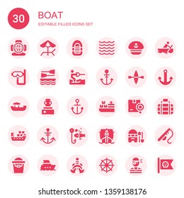 boat icon set. Collection of 30 filled boat icons included Aqualung, Beach, Inflatable boat, Sea, Sailor, Dive, Water ski, Anchor, Kayak, Vessel, Cargo ship, Shipping, Ship