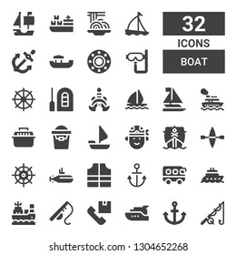 boat icon set. Collection of 32 filled boat icons included Fishing, Anchor, Yacht, Shipping, Fishing rod, Boat, Bus, Lifejacket, Submarine, Helm, Kayak, Ship, Pirate, Sailing