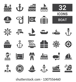 boat icon set. Collection of 32 filled boat icons included Ship, Yatch, Anchor, Boat, Metro, Sail Diving mask, Diving, Treasure map, Pirate, Helm, Lifejacket, Padthai, Cruise