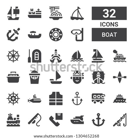 boat icon set. Collection of 32 filled boat icons included Fishing, Anchor, Yacht, Shipping, Fishing rod, Boat, Bus, Lifejacket, Submarine, Helm, Kayak, Ship, Pirate, Sailing