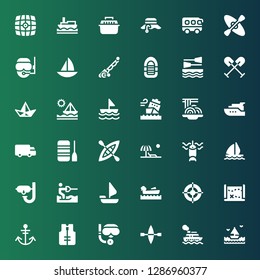 boat icon set. Collection of 36 filled boat icons included Sea, Cruise, Kayak, Scuba diving, Lifejacket, Anchor, Treasure map, Helm, Boating, Sailing boat, Water ski, Dive, Sail