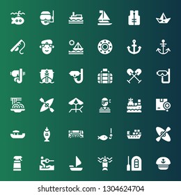 boat icon set. Collection of 36 filled boat icons included Sailor, Raft, Fishing, Sailing boat, Water ski, Desinfectant, Kayak, Ship, Bus, Shipping, Pirate, Beach, Padthai