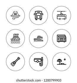 Boat icon set. collection of 9 outline boat icons with beach, bus, diving mask, pirate, rowing, ship, yatch icons. editable icons.