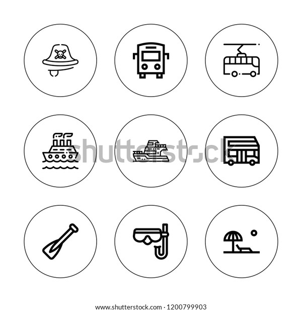 Boat icon set. collection of 9 outline boat icons\
with beach, bus, diving mask, pirate, rowing, ship, yatch icons.\
editable icons.