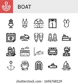 conjunto de iconos de barco. Colección de Anchor, Mai thai, Swimsuit, parque acuático, verano, moto acuática, aletas, barco, navegante, barco bananero, pesca, tranvía, buceo, capitán, barco inflable, iconos submarinos