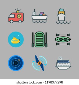 boat icon set. vector set about propeller, cargo ship, radar and submarine icons set.
