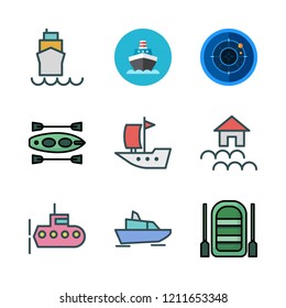 boat icon set. vector set about sailboat, flood, radar and submarine icons set.