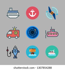 boat icon set. vector set about anchor, viking ship, propeller and ship icons set.