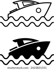 Boat icons. Black and White Vector Icons. Boat Floating on the Waves. Travel and Vacation Concept