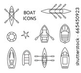 Boat icons outline set. Top view contour pictograms of kayak, vessel, ship, canoe, dinghy, inflatable fishing, cruise, coast guard, oar, passenger boats. Banner, logo design. Vector illustration.