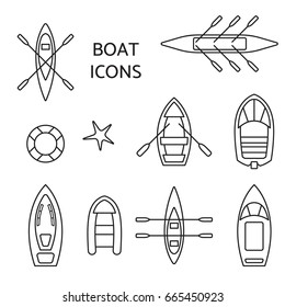 Boat icons outline set. Top view contour pictograms of kayak, vessel, ship, canoe, dinghy, inflatable fishing, cruise, coast guard, oar, passenger boats. Banner, logo design. Vector illustration.