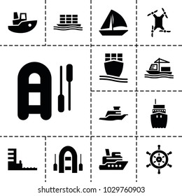 Boat icons. set of 13 editable filled boat icons such as sailboat, ship, cargo ship, harbor, helm