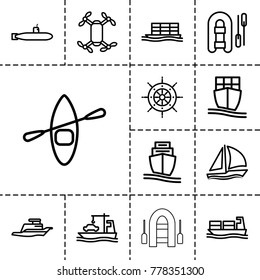 Boat icons. set of 13 editable outline boat icons such as inflatable boat, axle with propeller, cargo ship, ship, helm