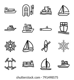 Boat icons. set of 16 editable outline boat icons such as ship, sailboat, axle with propeller, helm, cargo ship, rowing