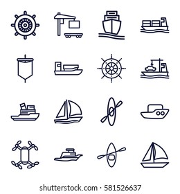 boat icons set. Set of 16 boat outline icons such as boat, helm, cargo truck, cargo ship, ship, sail, rowing