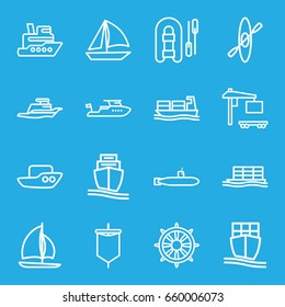 Boat icons set. set of 16 boat outline icons such as boat, cargo truck, helm, cargo ship, ship, sail, submarine