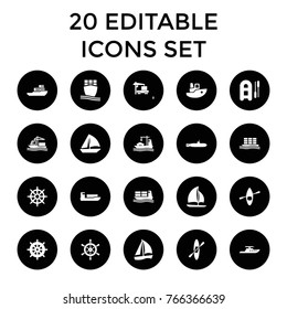 Boat icons. set of 20 editable filled boat icons such as helm, ship, sailboat, cargo truck, cargo ship, rowing