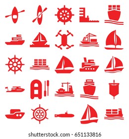 Boat icons set. set of 25 boat filled icons such as boat, helm, cargo ship, harbor, rowing, sail, submarine, axle with propeller