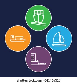 Boat icons set. set of 4 boat outline icons such as cargo ship, harbor, sailboat