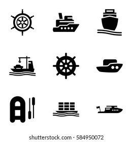 boat icons set. Set of 9 boat filled icons such as helm, cargo ship