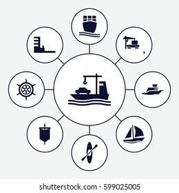 boat icons set. Set of 9 boat filled icons such as cargo truck, cargo ship, ship, harbor, rowing, helm, sailboat