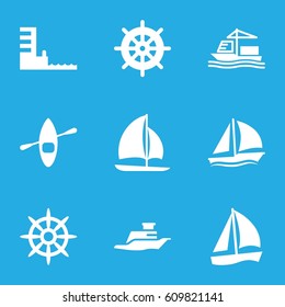 Boat icons set. set of 9 boat filled icons such as helm, cargo ship, ship, harbor, sailboat