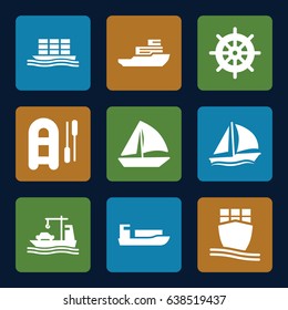 Boat icons set. set of 9 boat filled icons such as helm, sailboat, cargo ship