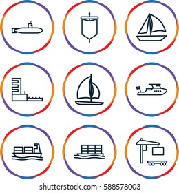 boat icons set. Set of 9 boat outline icons such as boat, cargo truck, cargo ship, harbor, sail, submarine