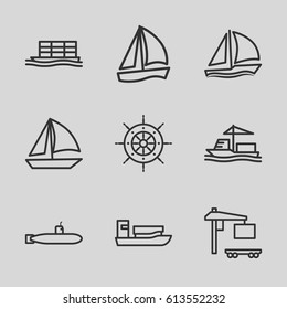 Boat icons set. set of 9 boat outline icons such as cargo truck, cargo ship, helm, sailboat, submarine