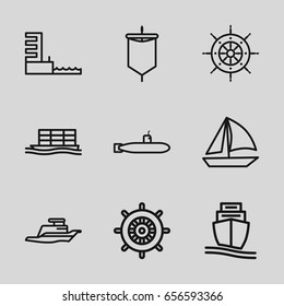 Boat icons set. set of 9 boat outline icons such as helm, cargo ship, ship, harbor, sail, submarine