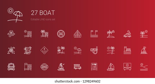 boat icons set. Collection of boat with beach, bus, subway, dive, anchor, airship, propeller, vehicle, metro, pirate. Editable and scalable boat icons.