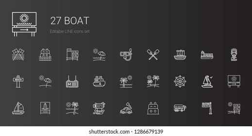 boat icons set. Collection of boat with bus, vehicle, airship, beach, rudder, ship, metro, trireme, paddles, dive, captain, sea. Editable and scalable boat icons.