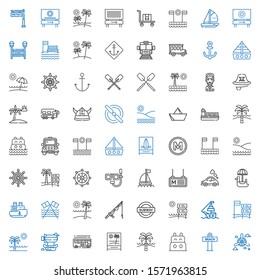 boat icons set. Collection of boat with propeller, beach, bus, airship, ship, subway, fishing rod, pedal boat, vehicle, metro, dive, rudder. Editable and scalable icons.